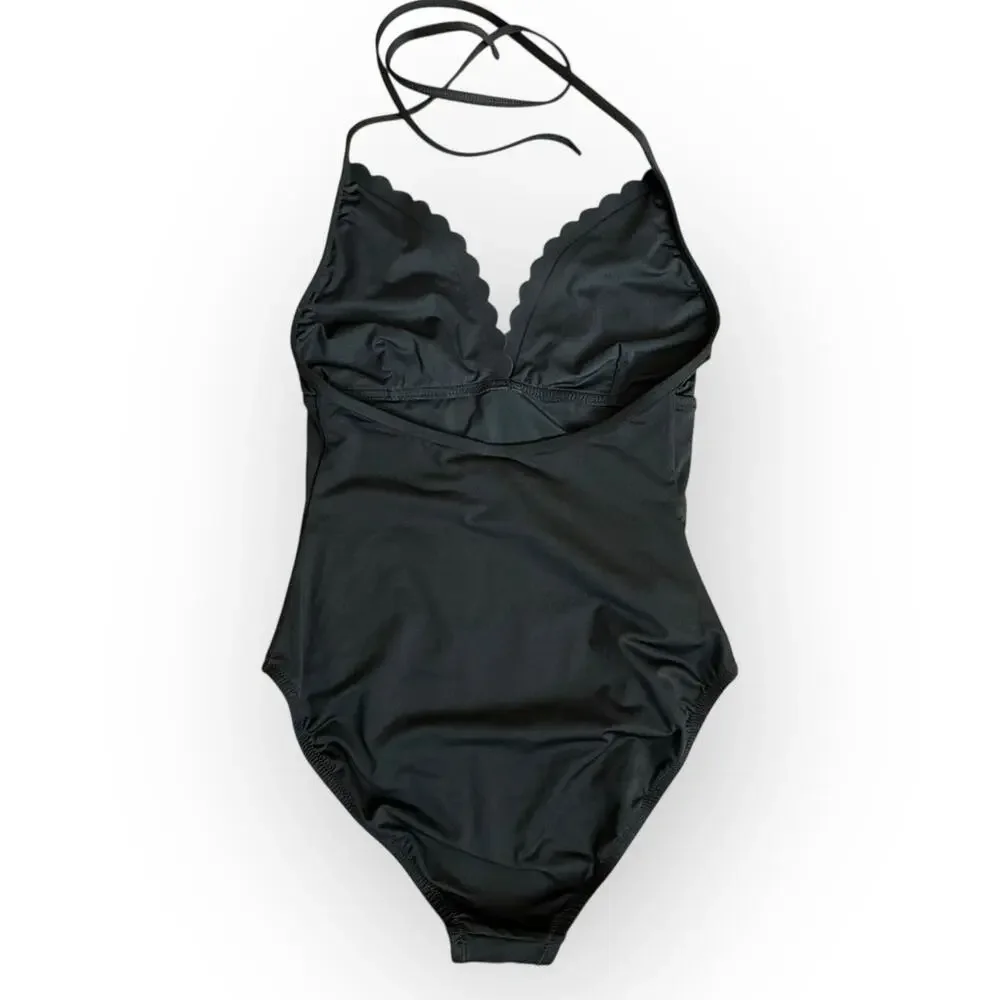 J. Crew Factory Black One-Piece Swimsuit with Scallop Trim